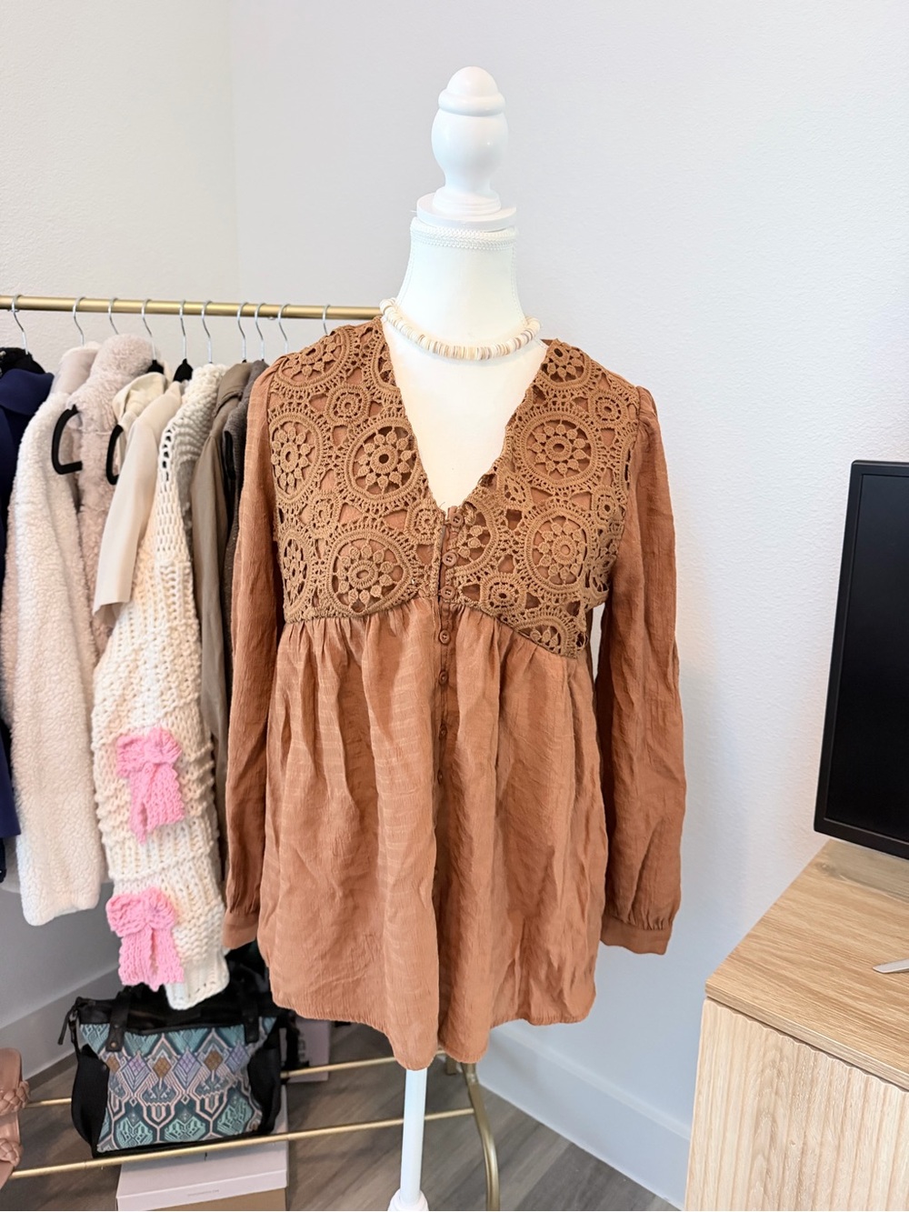 Boho Crochet Yoke Peasant Top - Brown